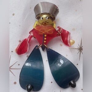 Vintage Celluloid Articulated Brooch with Red and Blue Accents